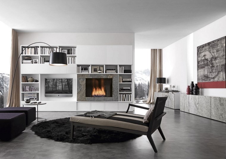 chimeneas modernas salon alfombra negra ideas