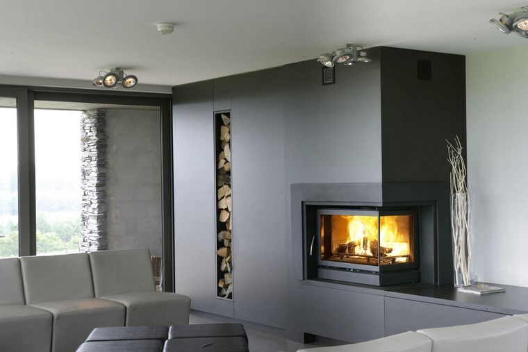 chimeneas modernas salon pared negro madera ideas