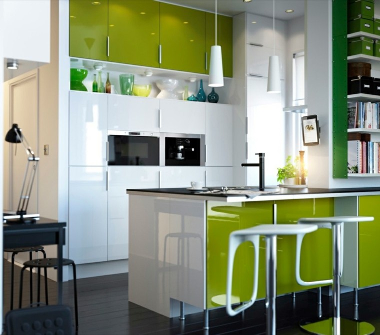 combinacion verde blanco muebles cocina ideas 