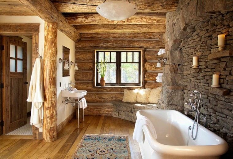 diseño baños rusticos madera tina troncos