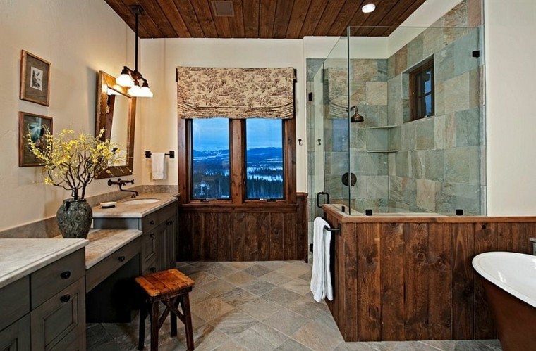 diseño baños rusticos paneles madera flores