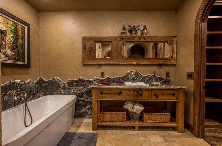 diseño baños rusticos paredes textura gabetero