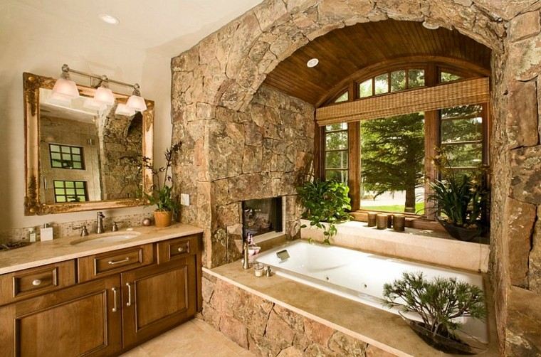 diseño baños rusticos rocas plantas arco