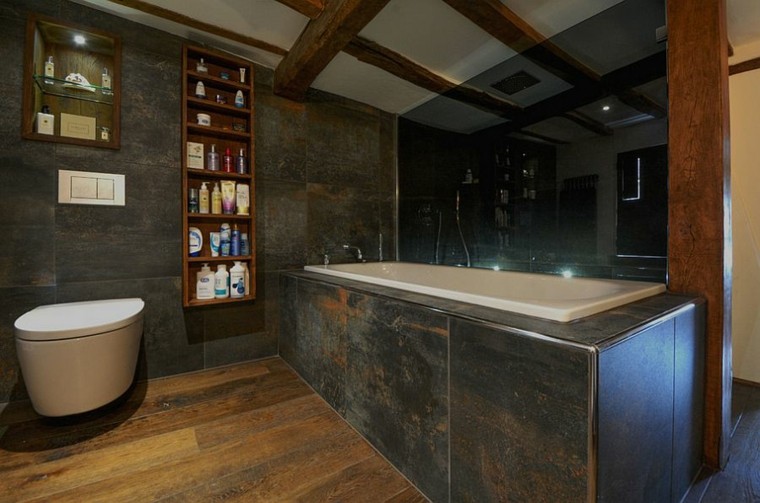 diseño baños rusticos tonos oscuros elegante