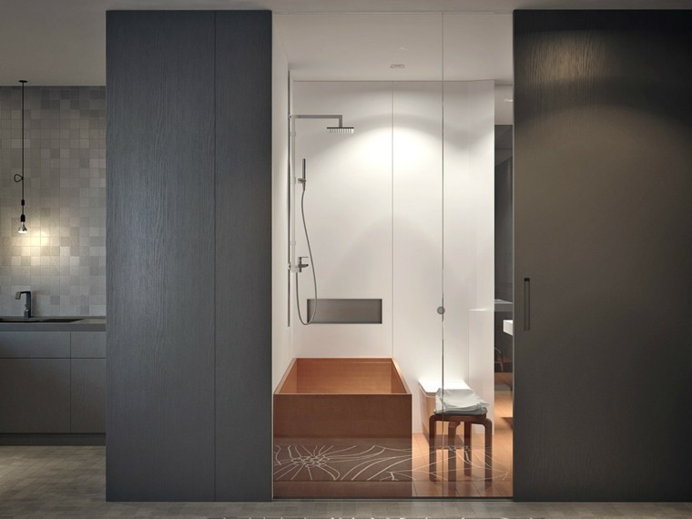 diseño ducha moderna madera gris