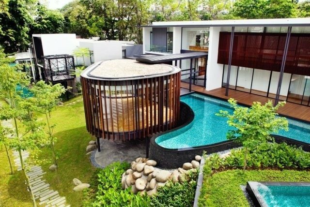 diseño estilo moderno sala madera piscina
