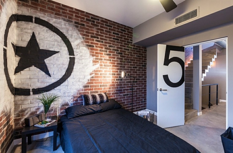 dormitorio estilo industrial pared ladrillo pintado ideas