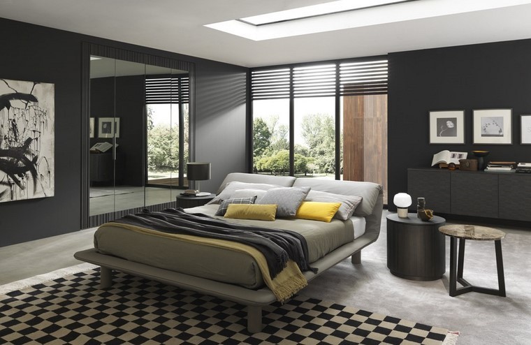 dormitorio paredes color oscuro armario espejo ideas