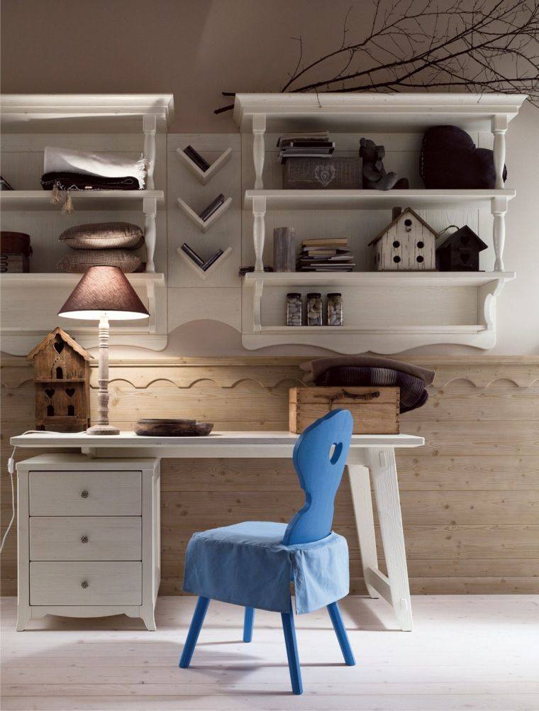 estanterias blancas silla color azul