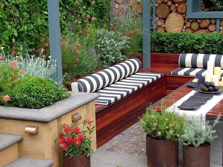 estilo contemporaneo jardin bancos madera macetas ideas