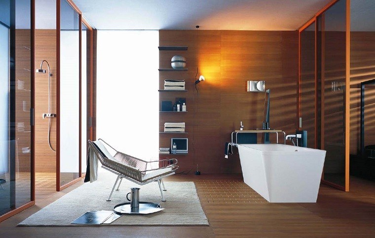  baño moderno revestimiento laminado madera
