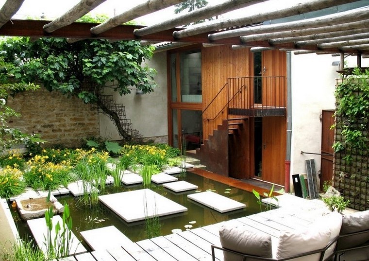 jardín precioso con estanque con plantas acuaticas ideas creativas jardines pequeños estanque orecioso moderno
