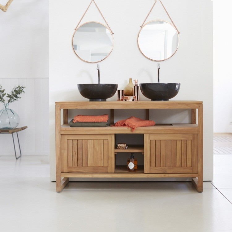 mueble de madera con lavabos negros lavabos negros redondos espejos colgantes