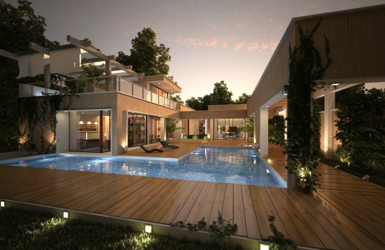 luces proyectadas luces estantes enredaderas agua piscina