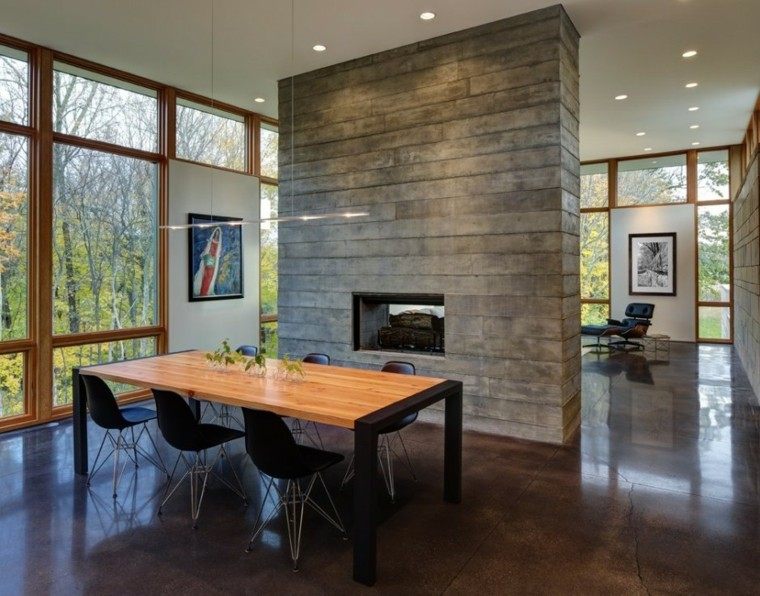 madera mesa chimenea diseño casa amplia