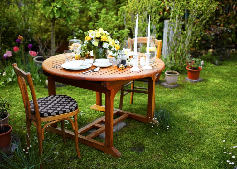 mesa madera fiesta jardin flores
