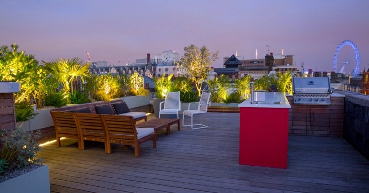 oasis terraza atardecer muebles madera