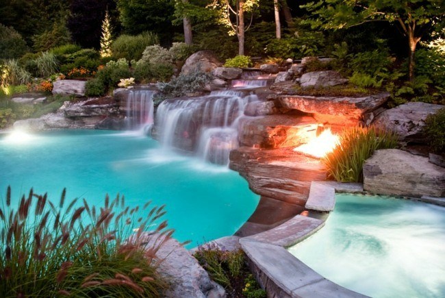 paisaje piscina jardin cascadas agua