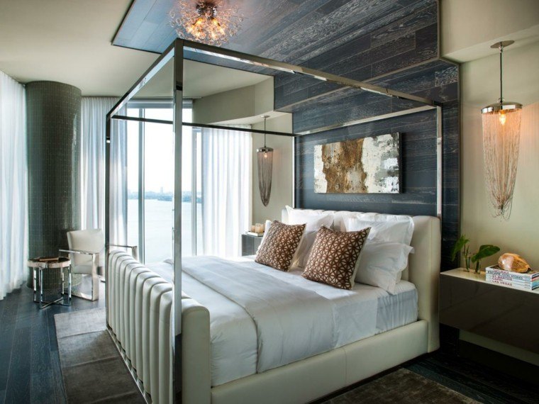 pared madera cama dosel espejo preciosa dormitorio ideas