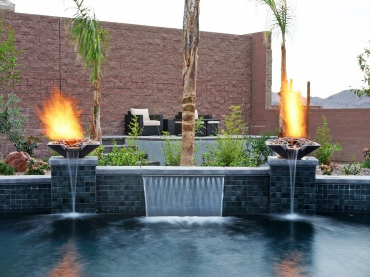 piscina caida agua platos fuego ideas