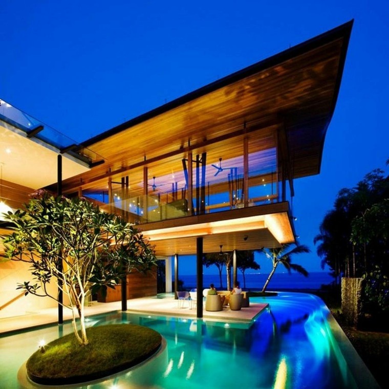diseño de piscinas con isla piscina isla arbol cesped vistas
