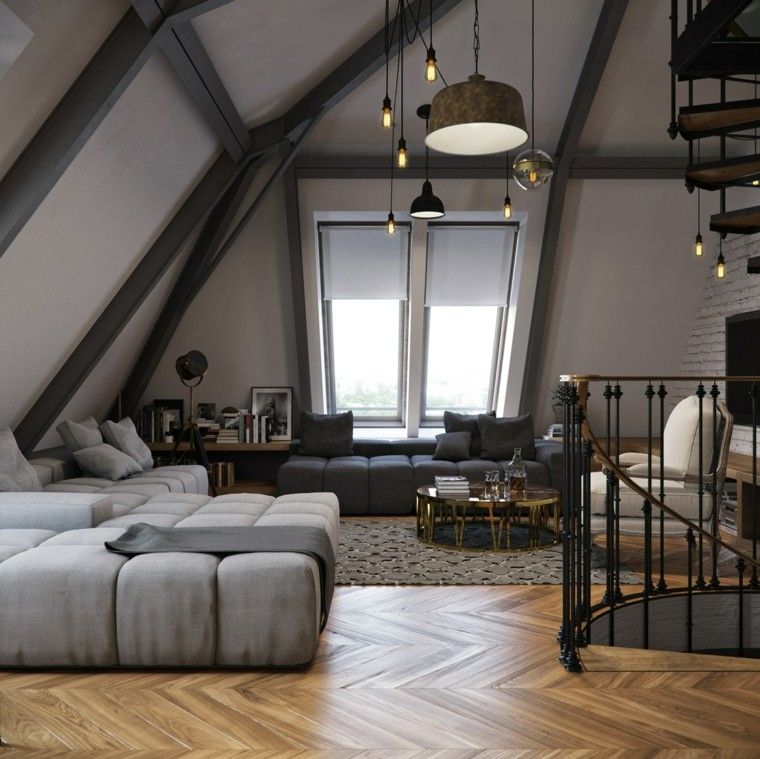 pisos desvan madera techo sofa gris ideas