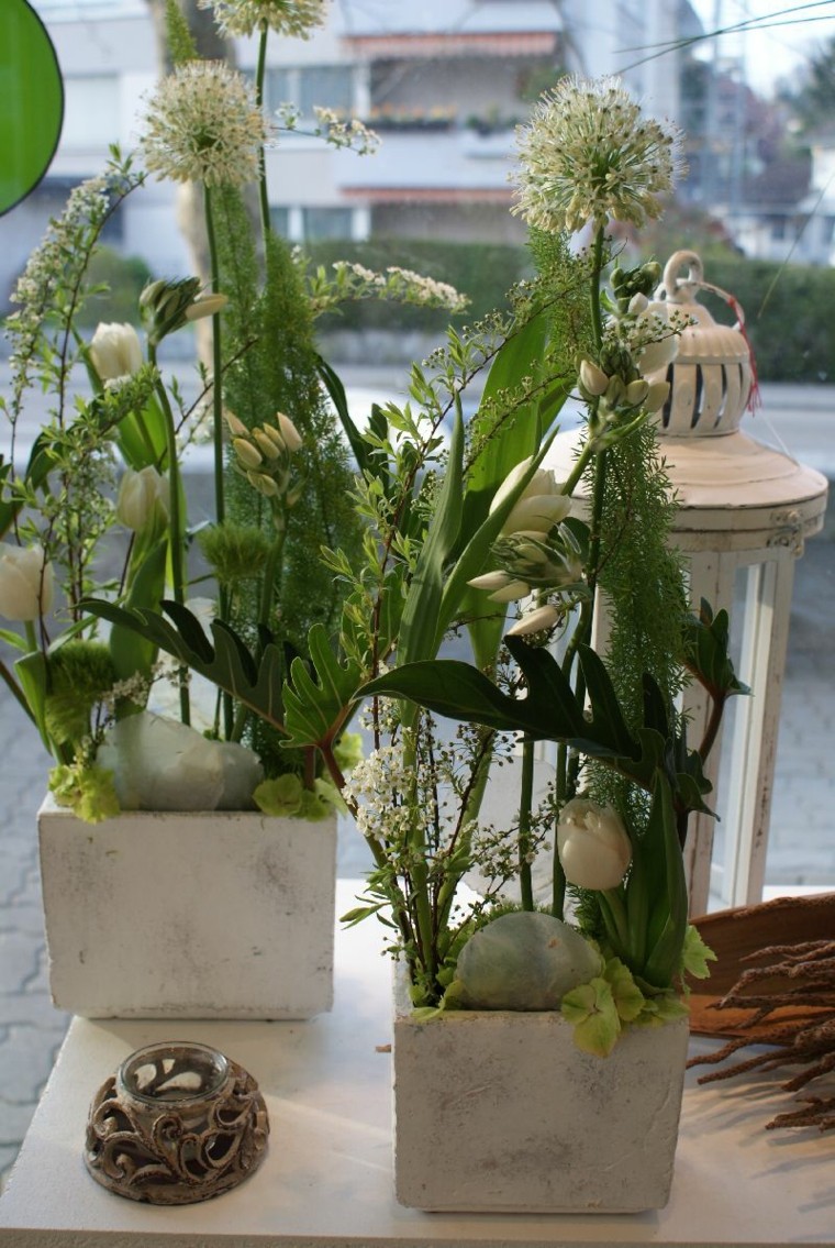 ramos de flores macetas hormigon piedras ideas