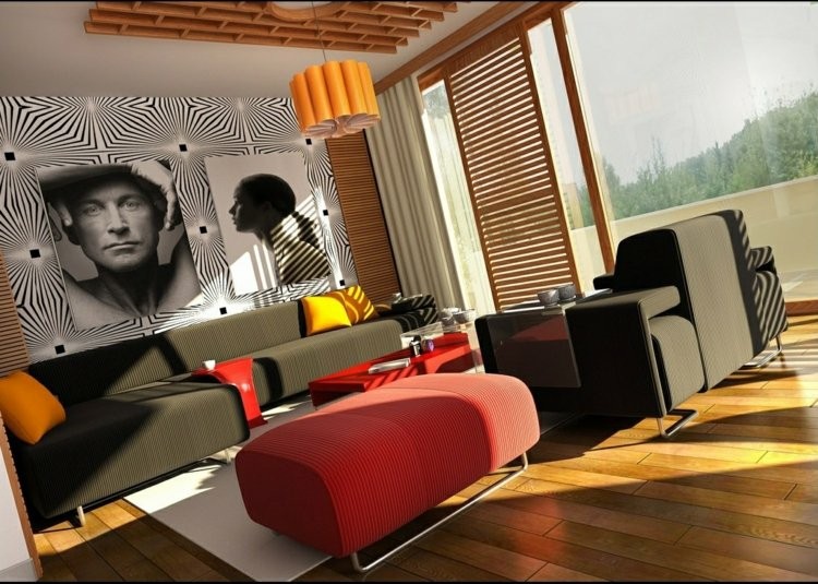 rojo vivo salon suelo madera moderno