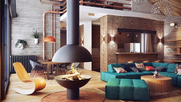 salon estilo idustrial chimenea color negro idea