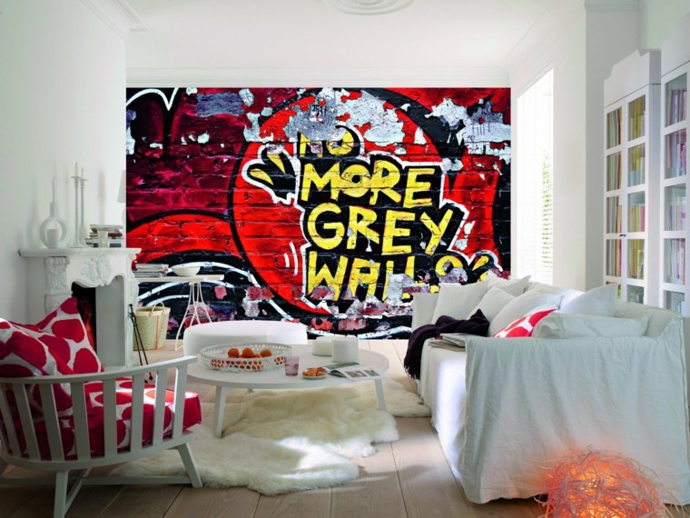 salon moderno muebles blancos pared dibujada ideas