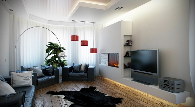 sofas cuero negro chimenea pared alfombra ideas