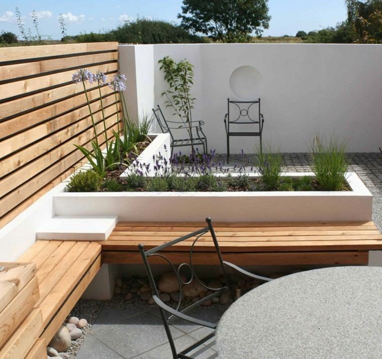 terraza moderna piedras banco madera