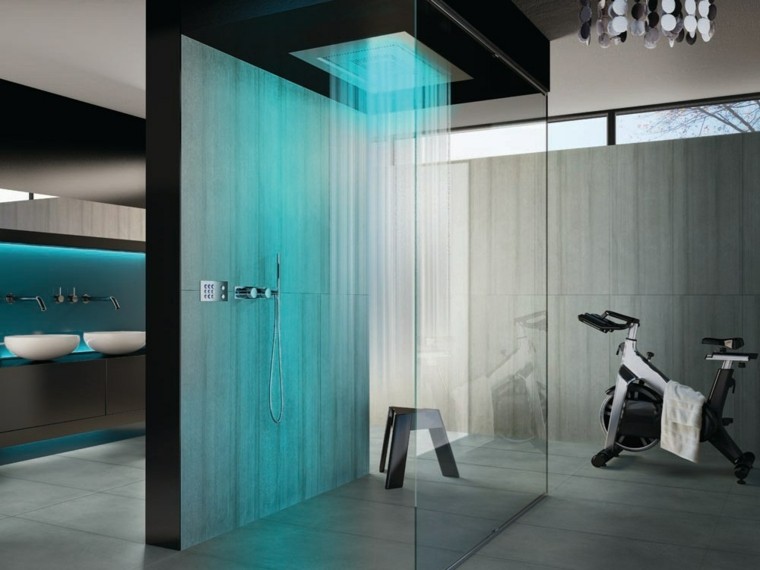 baño de diseño iluminacion LED verde lavabos ideas