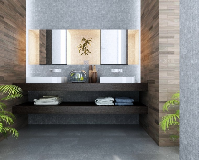 baño moderno al estilo minimalista con estanterias de madera bano lavabo madera oscura estilo minimalista ideas