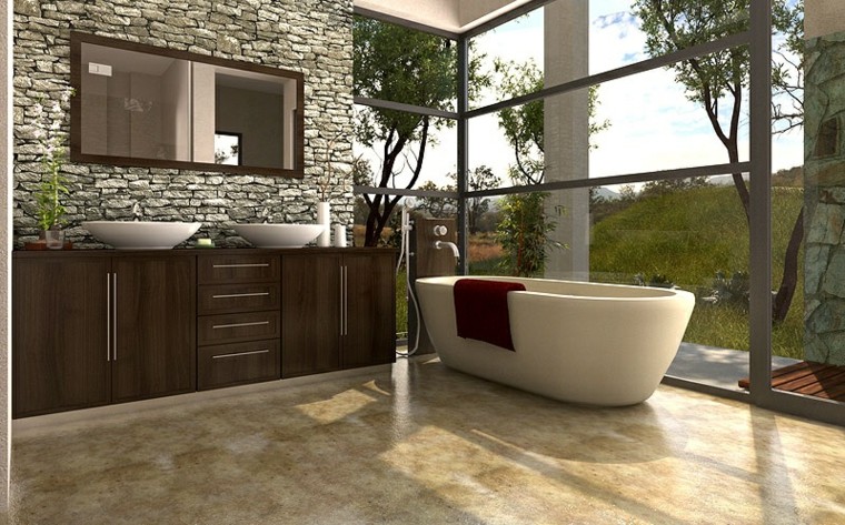 baño moderno con pared de piedra muy natural bano moderno lavabo madera pared piedra ideas