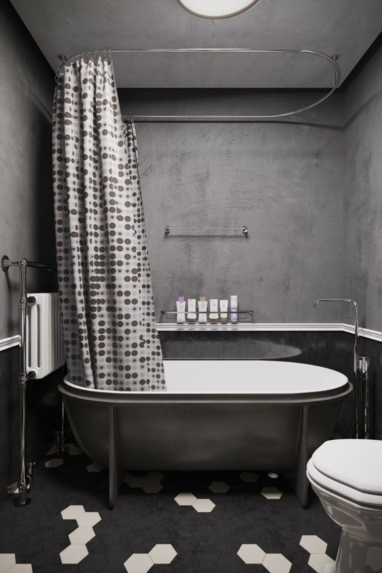 baño moderno al estilo minimalista con losas negras y blancas en el suelo banos estilo minimalista moderno color negro banera ideas