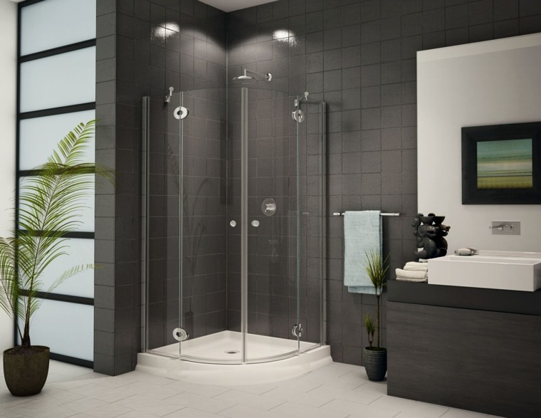 diseño baños con plato de ducha azulejos grises