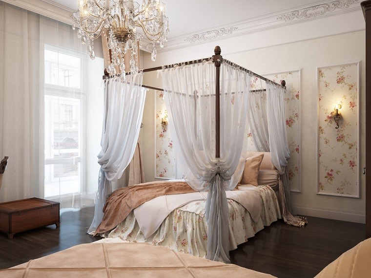 cama dosel cortinas estampa flores dormitorio romantico ideas