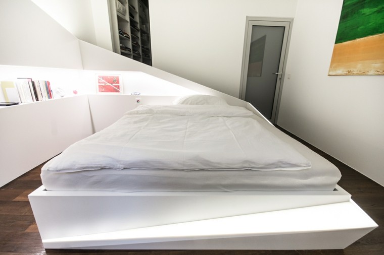 cama plataforma iluminada blanca dormitorio moderno ideas