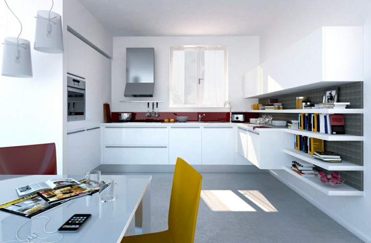 muebles de cocina de estilo moderno cocina blanca estanterias silla amarilla