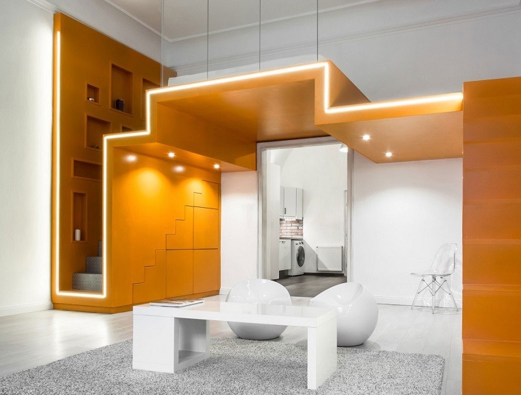 colores calidos salon moderno iluminacion LED naranja ideas