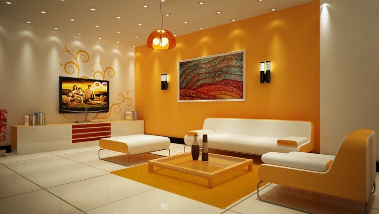colores calidos salon moderno pared amarilla ideas