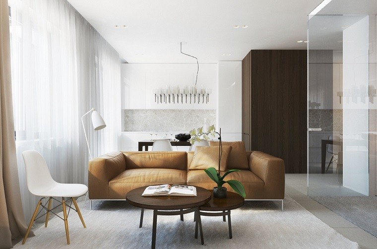 colores calidos salon moderno sofa cuero marron ideas