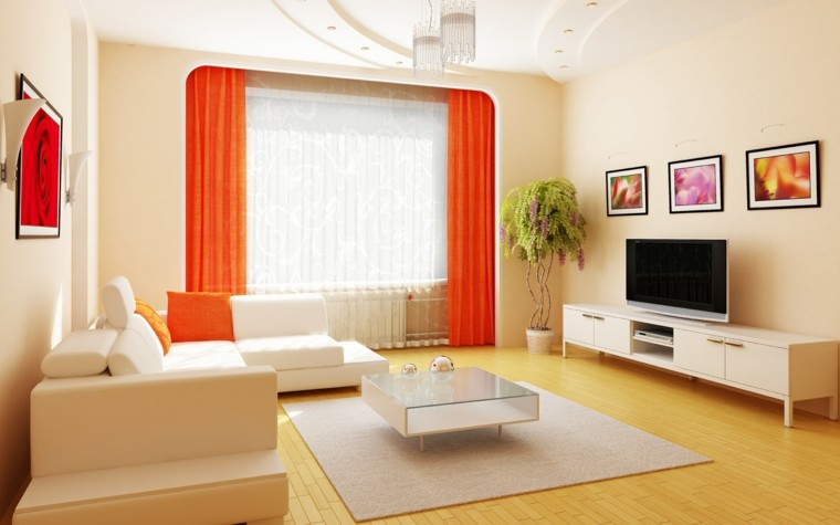 cortinas color naranja suelo madera