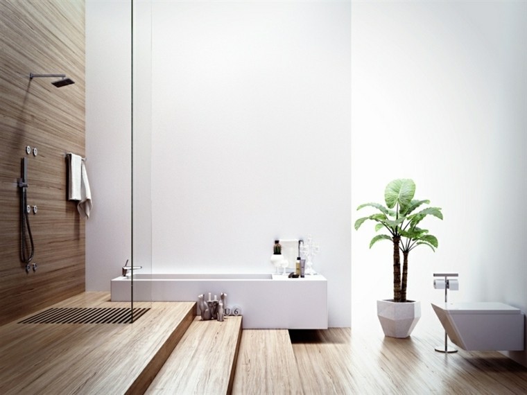 baño moderno al estilo minimalista con pared de madera cuarto baño estilo minimalista diseno moderno madera ducha ideas