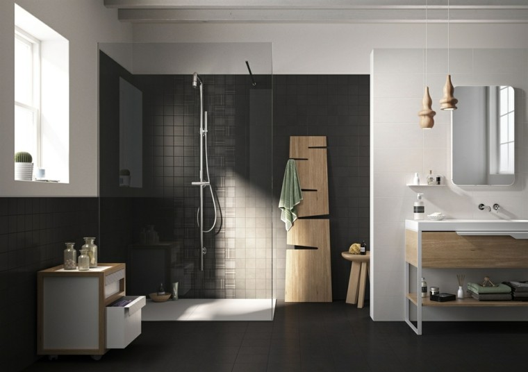 baño moderno al estilo minimalista con elementos de madera cuarto baño estilo minimalista diseno moderno paredes oscuras ideas
