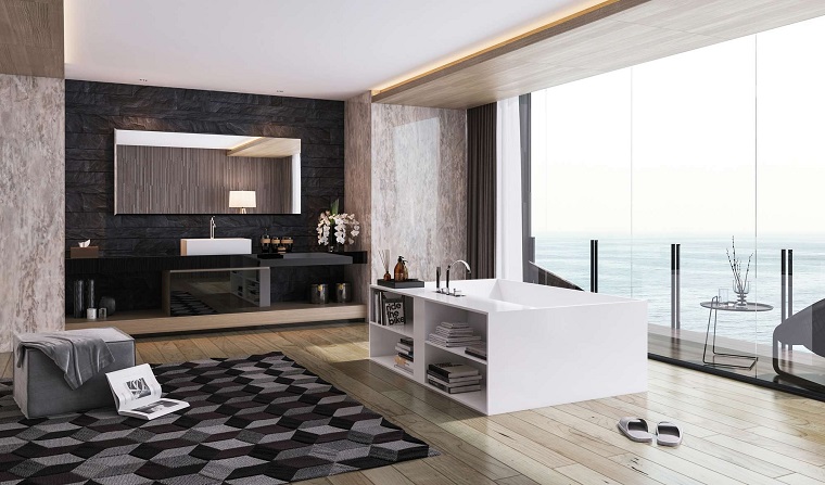 baño moderno al estilo minimalista con alfombra cuarto-de-bano-estilo-minimalista-diseno-moderno-masculino