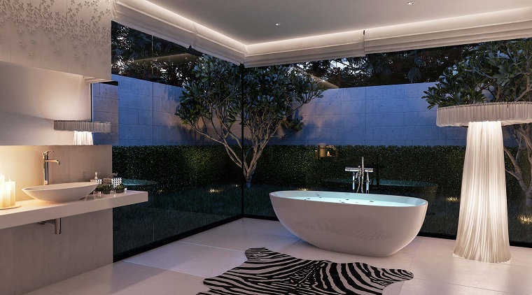 baño moderno al estilo minimalista con ventanal grande cuarto de baño estilo minimalista diseno moderno plantas ideas
