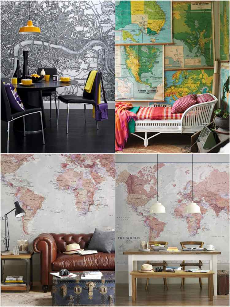 decoración de cuarto mapas mundo pared ideas modernas