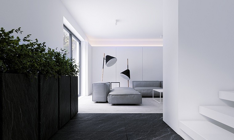decoración de interiores losas gris oscuro suelo paredes blancas sofas ideas